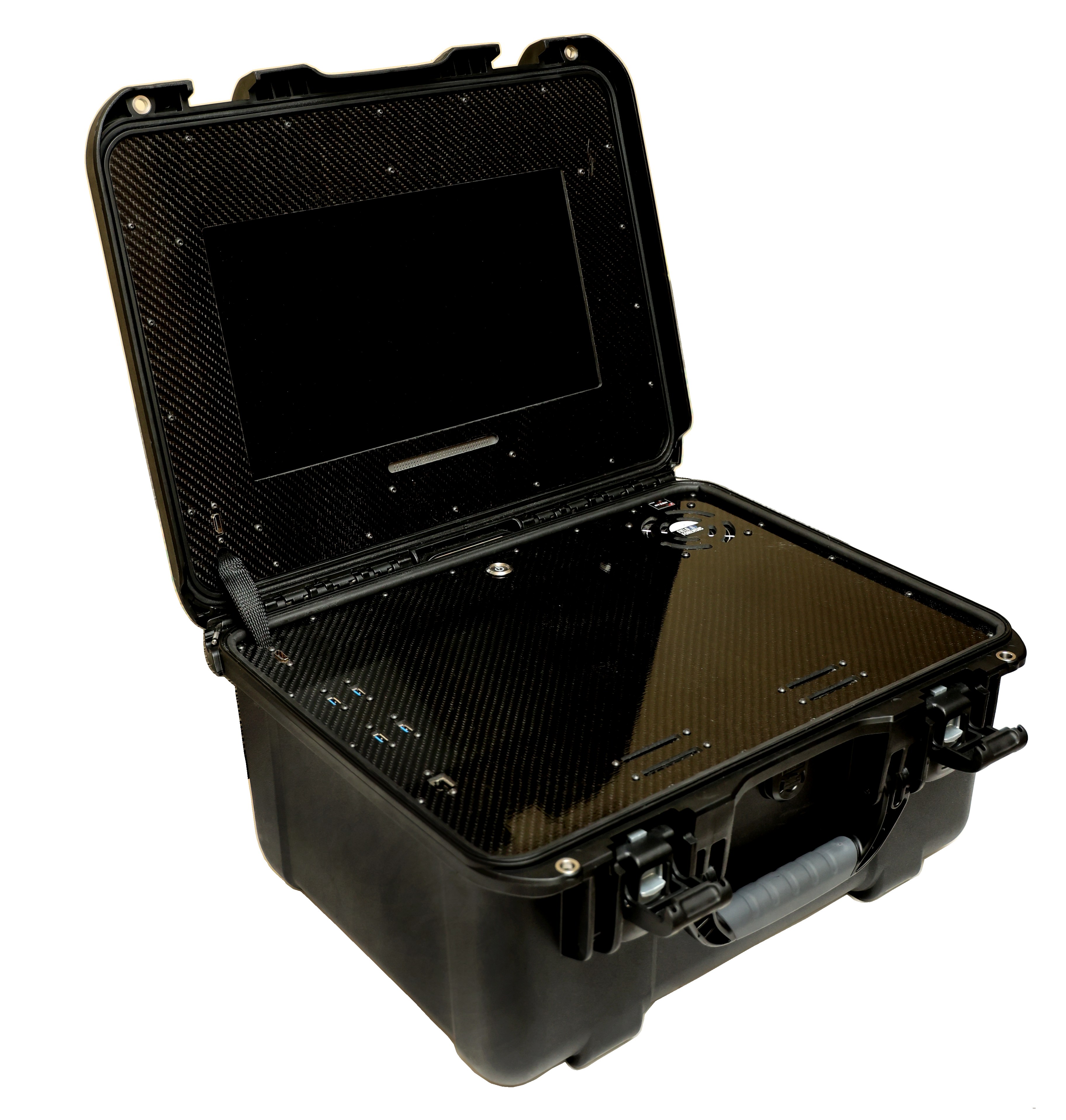 Field Forensic Pro — IP67 rugged case open showing 15.6 inch touch screen